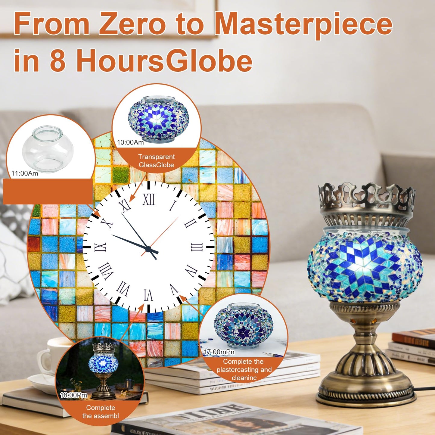 Longzhuo Turkish Mosaic Lamp Kit DIY Sachet Placement on Top Stained Glass Decorative Table Bedside Night Light Tabletop Bohemian Morrocan Lamp Crfat Kit for Living Room Decorations, Blue
