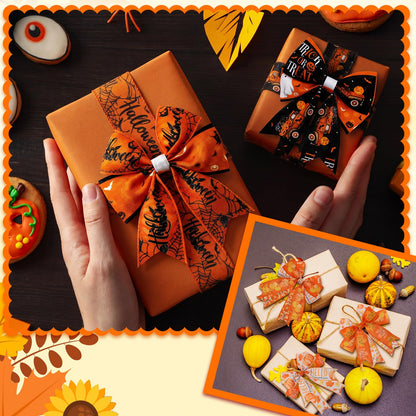 Chunful 12 Rolls Halloween Fall Wired Edge Ribbon 2 Inch x 60 Yards Halloween Fall Ghosts Pumpkins Print Grosgrain Ribbon Orange for Wreath Gift Wrapping Hair Bow Sewing Party Supplies 12 Styles