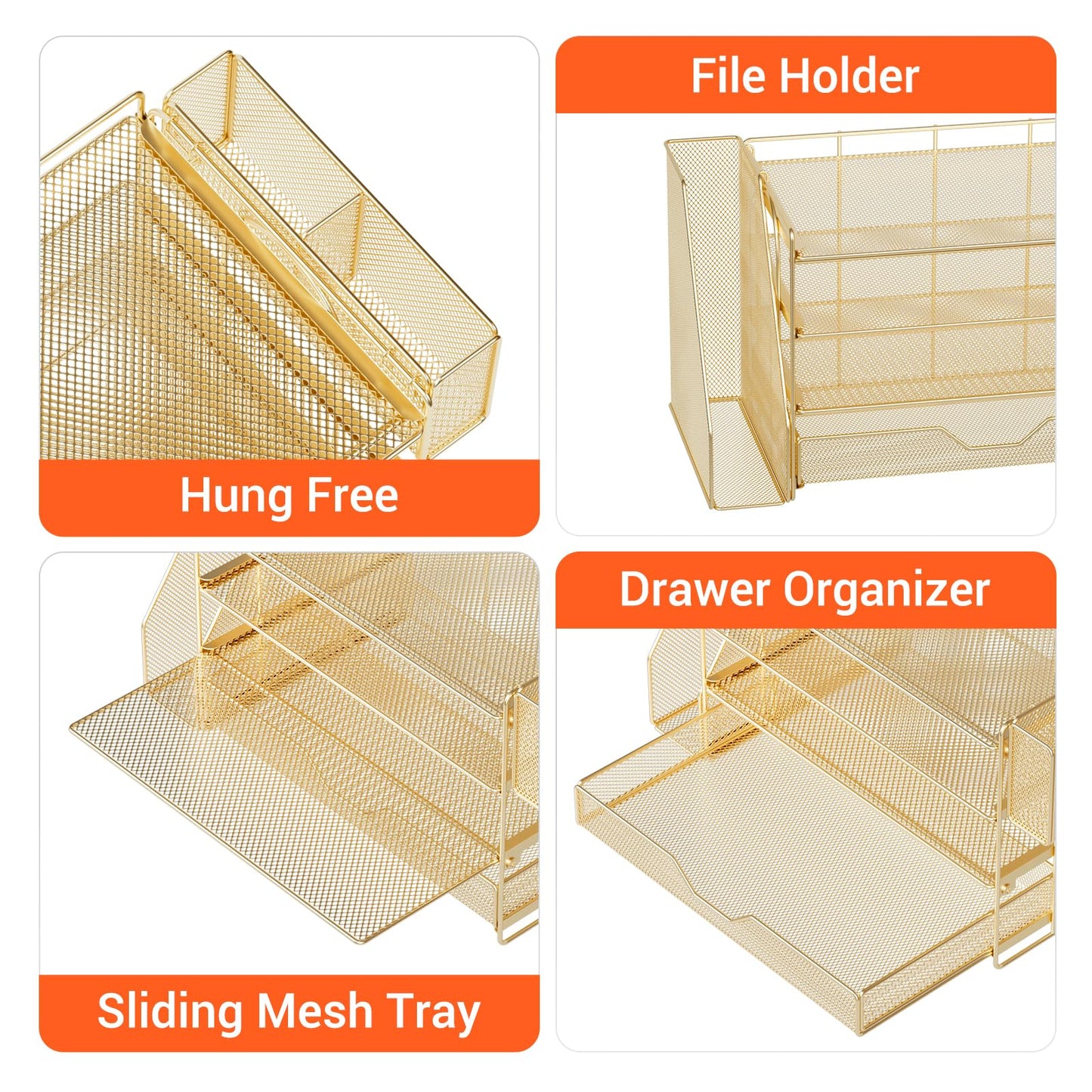 OPNICE Desk Organizers and Accessories, 4-Tier Office Desk Accessories & Workspace Organizers with Drawer and Pen Holder, Desktop Paper Tray File Organizer for Home Office Supplies, Gold
