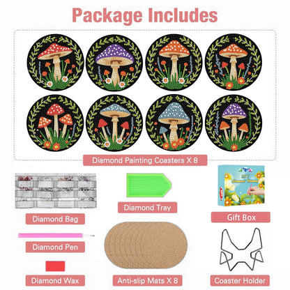 Diamond Art Coasters Kits Mushrooms, Mushroom Diamond Painting Coasters with Holder Set of 8, DIY Coaster Gem Art Crafts Supplies for Adults Beginner Cup Mat with Nice Gift Box for Home Decor 3.9 inch