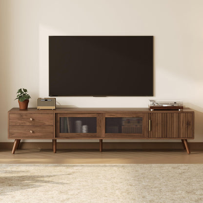 Merax Modern 76 Inch TV Stand for 85 Inch TV, Wood Grain Media Console with Glass Doors, Storage Cabinets & Drawers, Entertainment Center for Living Room Bedroom