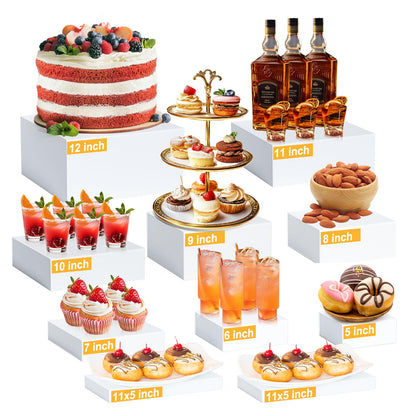 10 Pcs Large Acrylic Buffet Risers, White Food Display Stands for Buffet, Dessert Table, Jewelry, and Catering, Stackable Food Risers with Hollow Bottoms, Nesting Cube Box (12"-11"-10"-9"-8"-7"-6"-5")