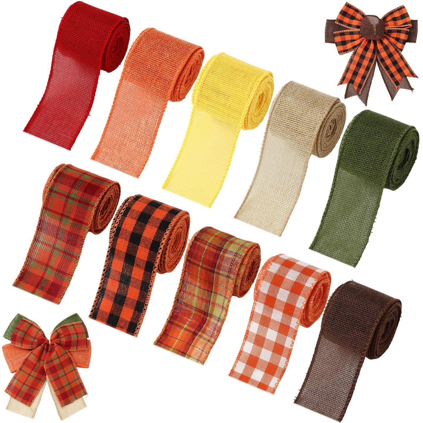 Whaline 10 Rolls 50 Yard Fall Plaid Burlap Ribbon 2 Inch Decorative Wrapping Ribbon for Autumn Harvest Thanksgiving Party DIY Crafts Bow Wreath Making Supplies