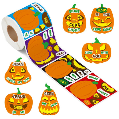 Haooryx Pumpkin Religious Sticker Roll - 300Pcs Make A Autumn Halloween Pumpkin Face Stickers Self Adhesive Waterproof Vinyl Water Bottle Page Activity Pad Fall Party Favor Scrapbook DIY Church Event
