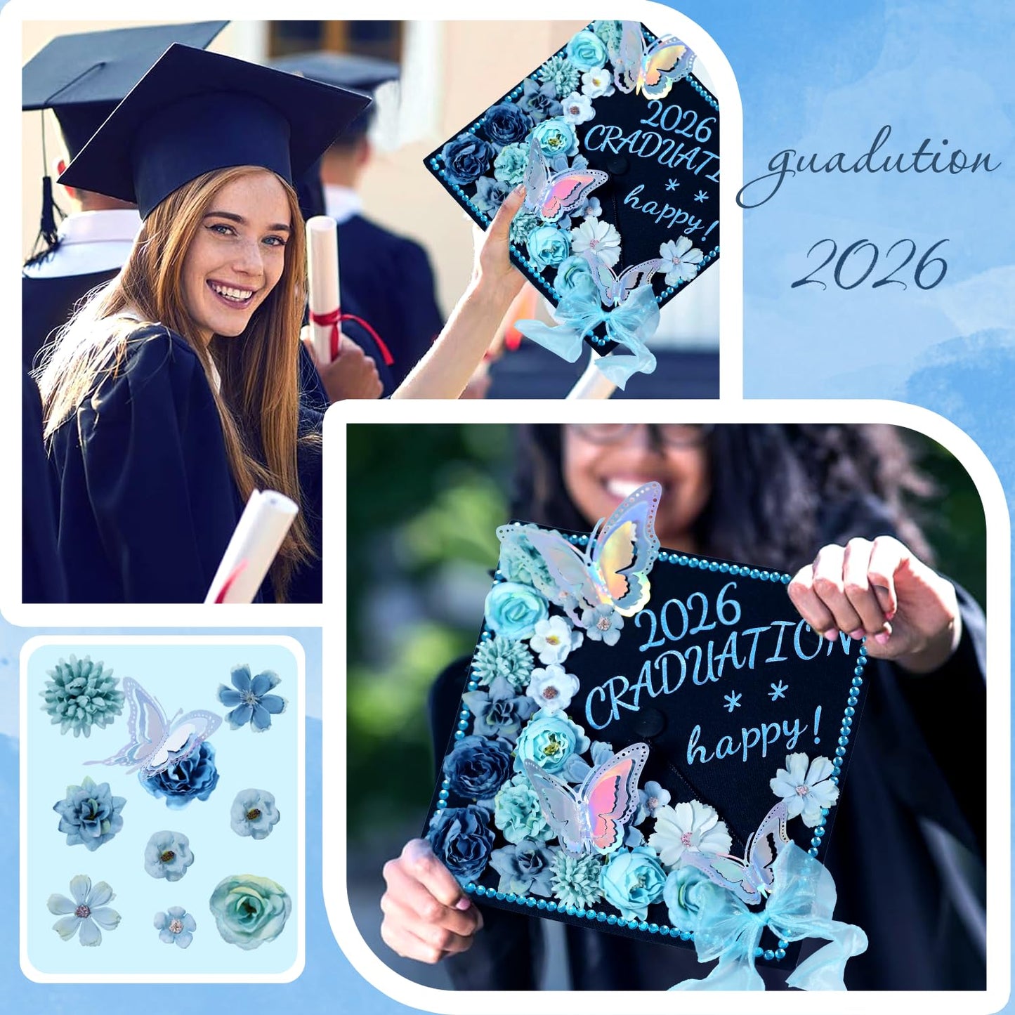 39Pcs Graduation Cap Decorations Kit Blue Artificial Flowers 3D Butterfly Stickers Blue Satin Bow Glitter Rhinestones Alphabet Letter Number Stickers for 2026 Graduation Party Supplies