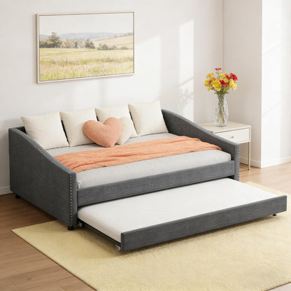 FAVSH Upholstered Daybed with Trundle, Full Size Day Bed w/Button-Tufted Back and Piping on Waved-Shape Arms for Bedroom or Guest Room, No Box Spring Required, Dark Gray