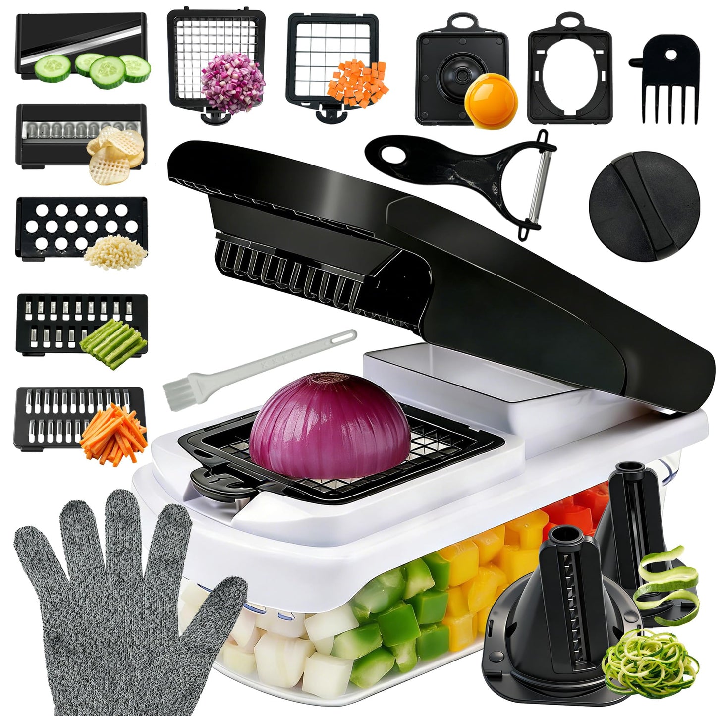 LENoll 17-in-1 Vegetable Chopper, Multifunctional Mandoline Slicer, Onion Dicer Veggie Cutter with Container & Gloves, Food Chopper for Potato Carrot Garlic Salad, Kitchen Gadgets for Home Cooking