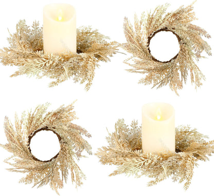 Panelee Pampas Grass Candle Rings - 4 Pcs Faux Greenery Wreaths for Boho Home Decor | 3.9 Inch Size