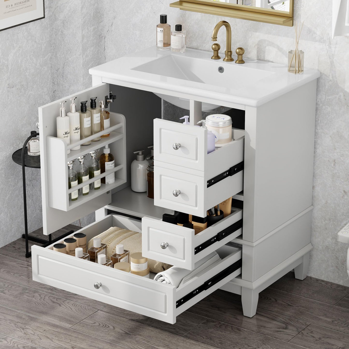 30" Bathroom Vanities with Ceramic Sink, Storage Cabinet with 3 Drawers and Door Shelf, Soft-Closing Door, Solid Wood Legs, White