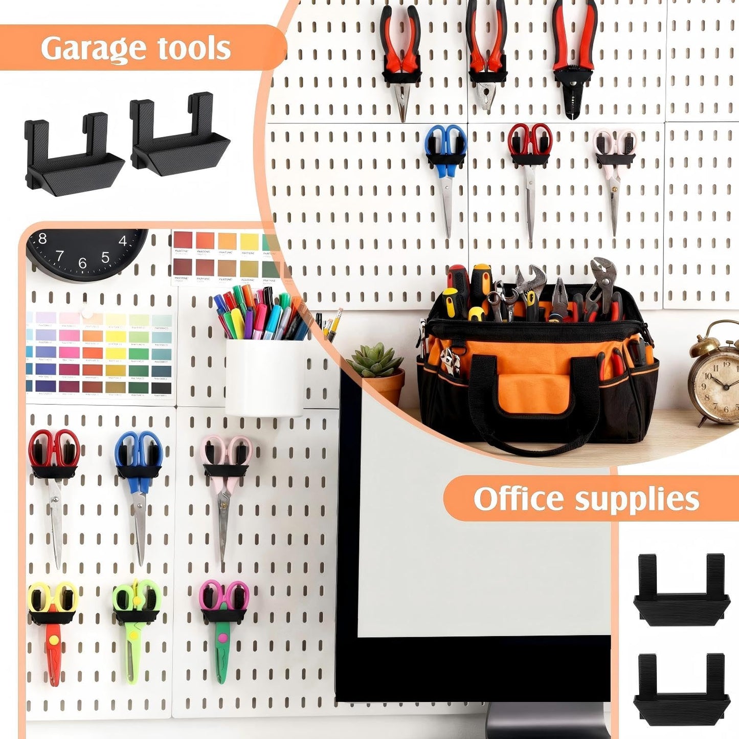 Novabright 6 Pack Vertical Slot Pegboard Tool Holders, Plastic Pegboard Organizer Hooks for Craft Room, Sewing Room, Office, Scissors, Rulers, Pens, and Supplies (Black)