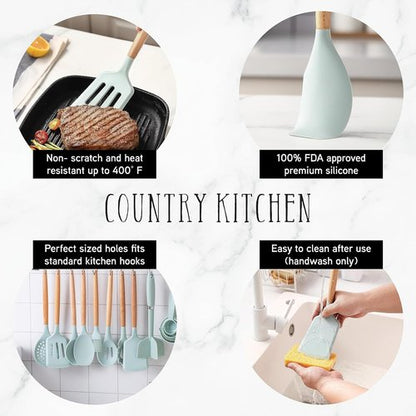 Country Kitchen Non-Stick Silicone Utensil Set - 38-Piece Cooking & Baking Tools in Mint