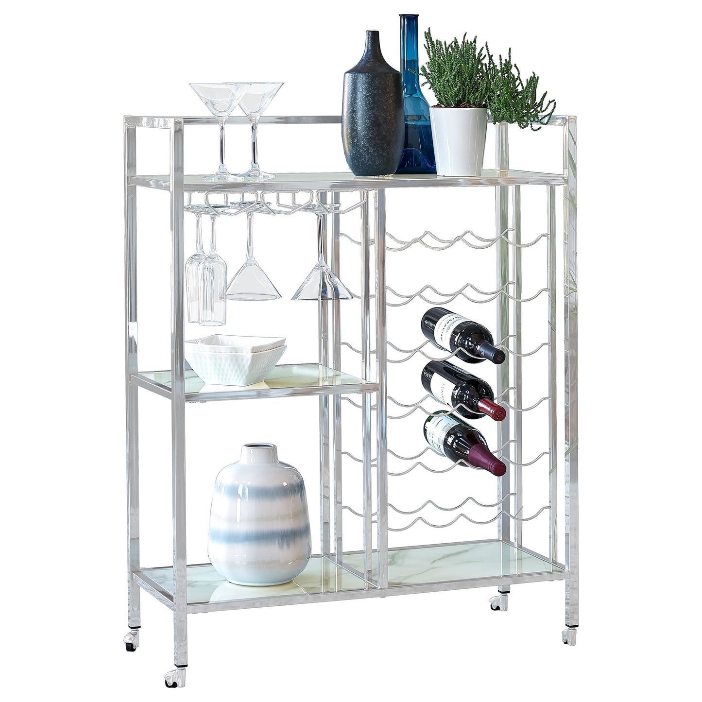 MAKLAINE Contemporary Metal Serving Cart, Chrome Finish, 3 Marble Pattern Glass Shelves, Stemware Racks, 24-Bottle Wine Holder, Casters for Mobility, Rectangular Bar Cart for Home Entertainment