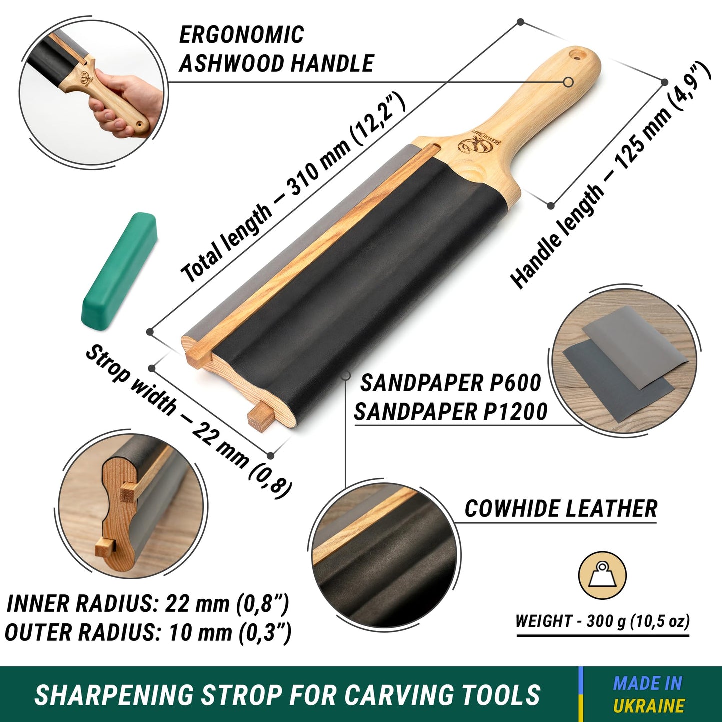 BeaverCraft LS5P1 Wood Carving Strop Wood Carving Gouge Hook Knife Sharpening Honing Tools Strop Stropping Kit Leather Paddle Strop Spoon Carving Tools Sharpening Kit Sharpener with Polishing Compound
