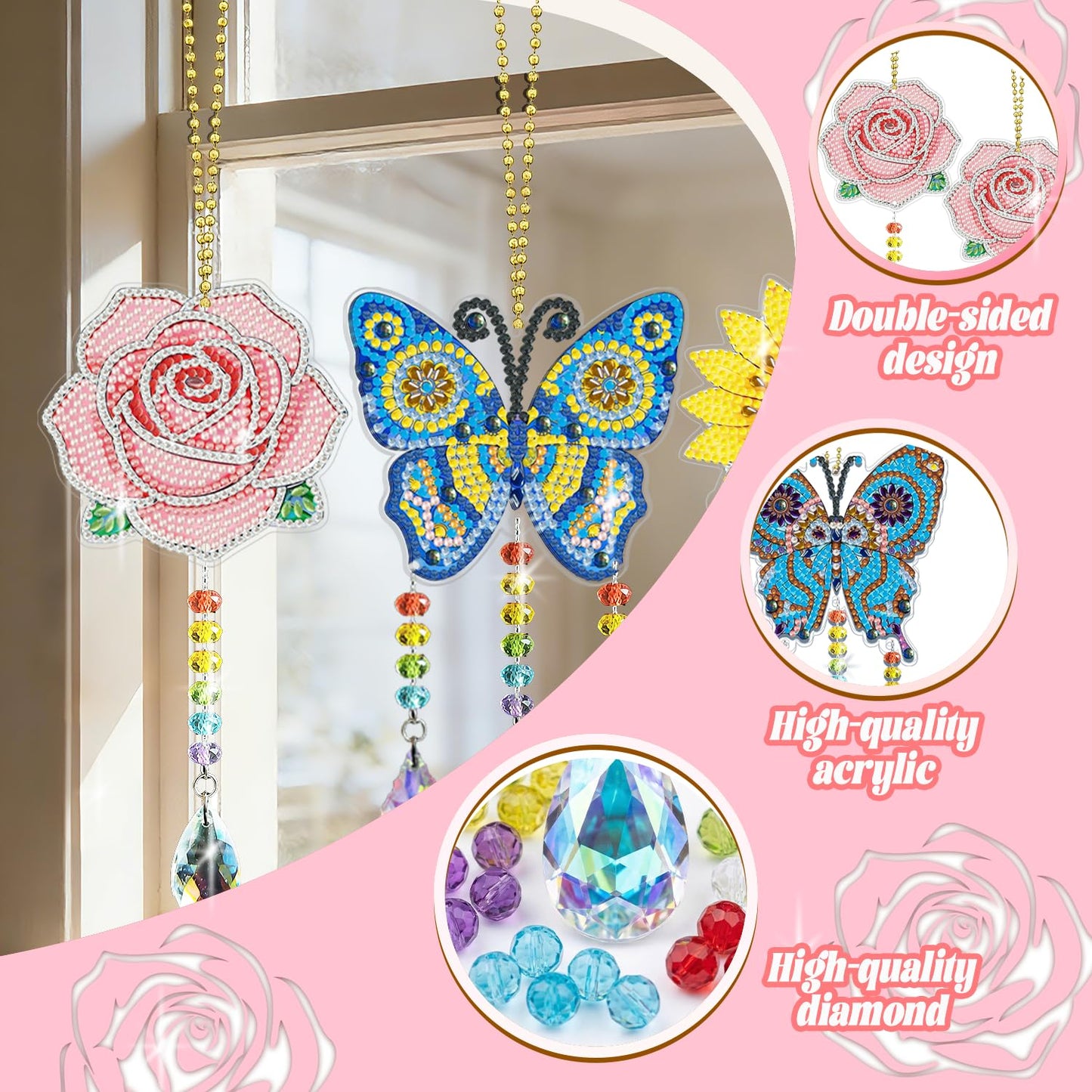Leatrice 6PCS Spring Diamond Art Kits Suncatcher Small Diamond Painting Set DIY Crafts Hanging for Home Decro Double Sided Crystal Rhinestone Decorations