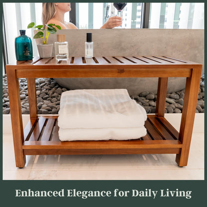 The Teaky Hut Teak Shower Bench 30 Inch – Fully Assembled Wooden Bench with Shelf, Water-Resistant, Non-Slip Adjustable Feet – Indoor Spa, Garden, or Bathroom Use