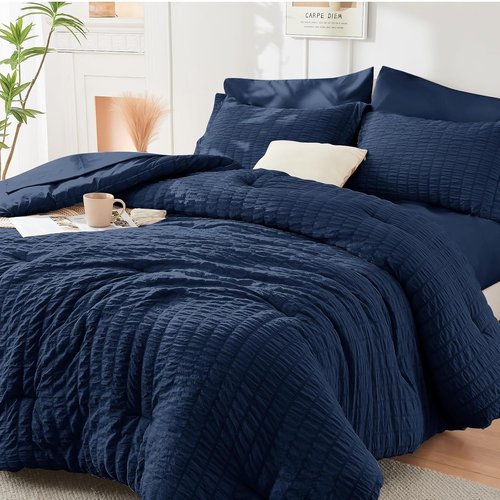HYMOKEGE Navy Blue California King Comforter Set - 7-Piece All-Season Luxury Bedding Collection