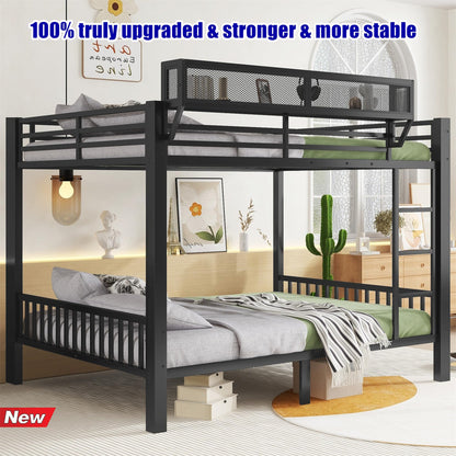 LEEKAF Stronger & Higher Quality Heavy Duty Metal Bunk Bed Queen Over Queen Size Bunkbed, Thickened Safer More Stable Steel Queen Bunk Bed (Faster Assembly)