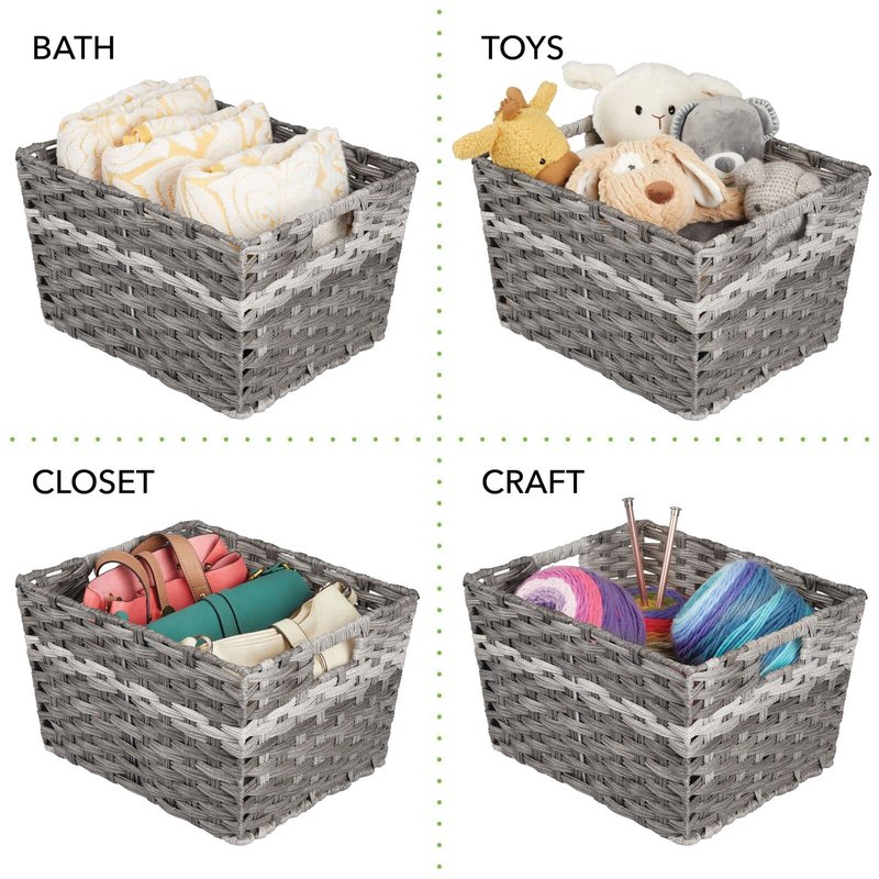 mDesign Wide Rectangular Woven Braided Rope Home Storage Baskets with Handles - for Organizing Closet, Bedroom, Bathroom, Living Room, Entryway, Office - 8.25" High, 2 Pack - Gray