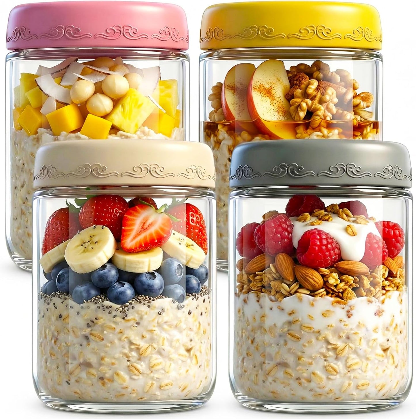 16oz 4Pack (16 OZ-4-2) Glass Overnight Oats Jars Containers with Airtight Leakproof Lids, Reusable Mason Jars for Meal