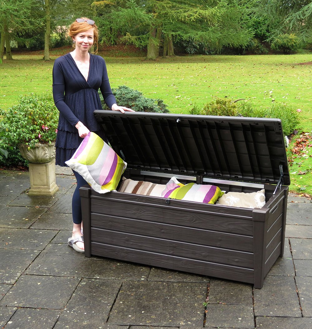 Keter Brightwood 120 Gallon Resin Large Deck Box for Patio Garden, Outdoor Cushion Storage, Pool Accessories, Tools, Grey