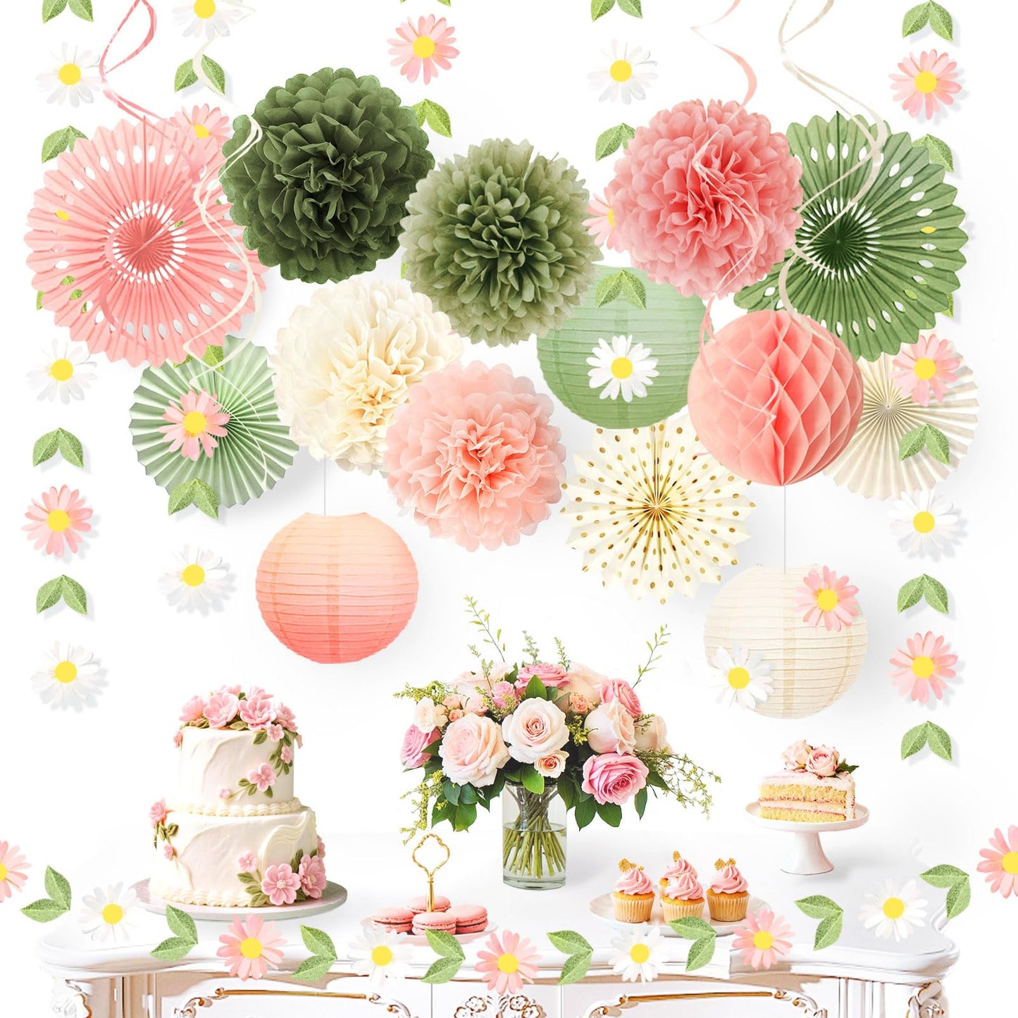 NICROHOME EUR Wedding Decorations, 20 PCS Sage Green and Pink Tissue Pom Poms Paper Lanterns Paper Fans 3D Flower Garlands for Bridal Shower Baby Shower Women Girls Birthday Garden Party Decor