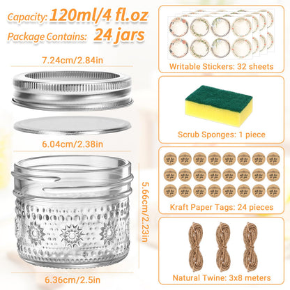 igoelove 4 oz Mason Jars with Embossed Pattern 24 Pack | Small Canning Jars with Airtight Lids | Mini Glass jars for Jams, Jelly, Honey, Spices, DIY Candles, Wedding Favors and Gift Packaging