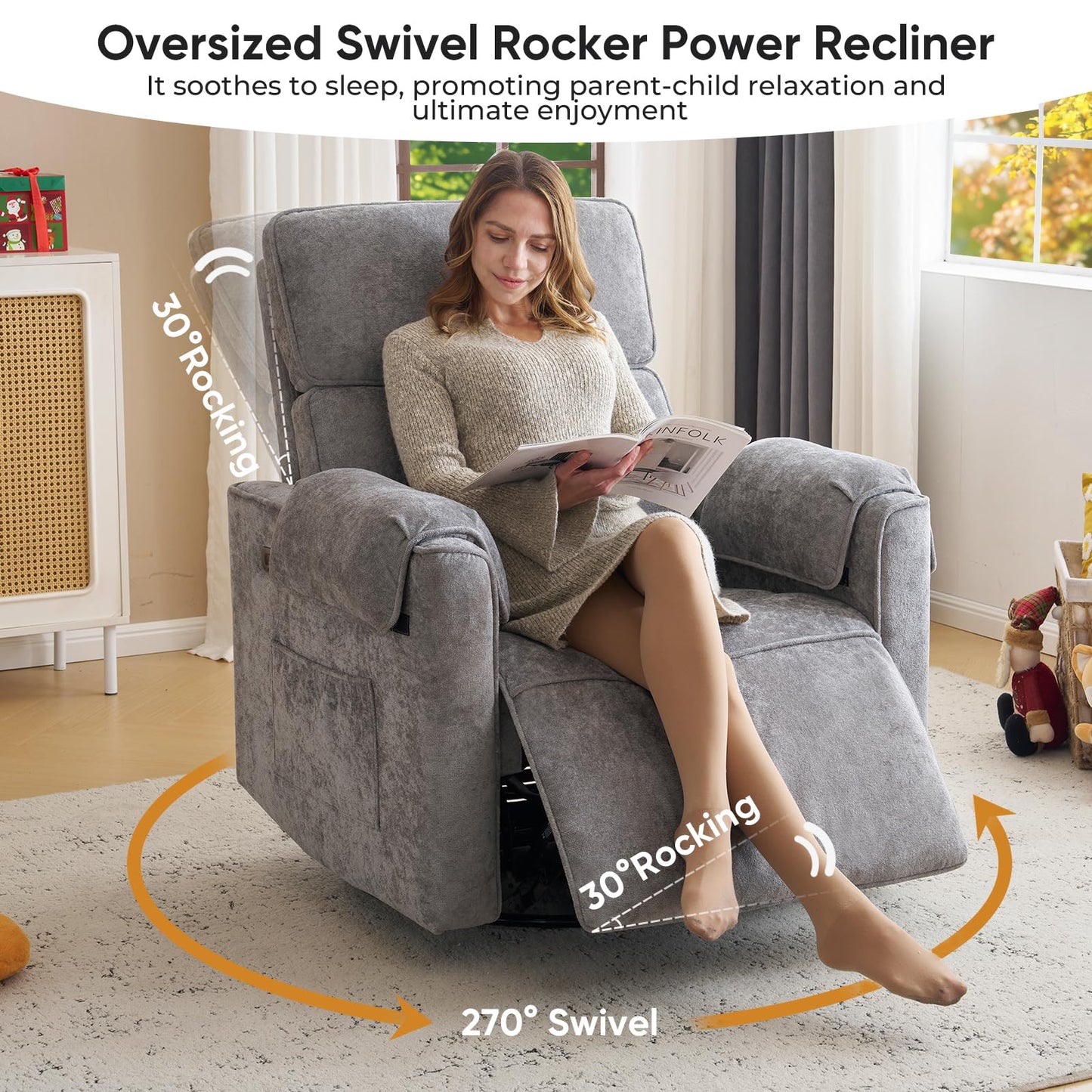 Rhevoy Oversized Power Recliner Chair, 26" Extra Wide Swivel Rocker Recliner with Adjustable Headrest, Chenille Glider Rocking Nursery Chair with Overstuffed Armrest, USB Ports, Grey