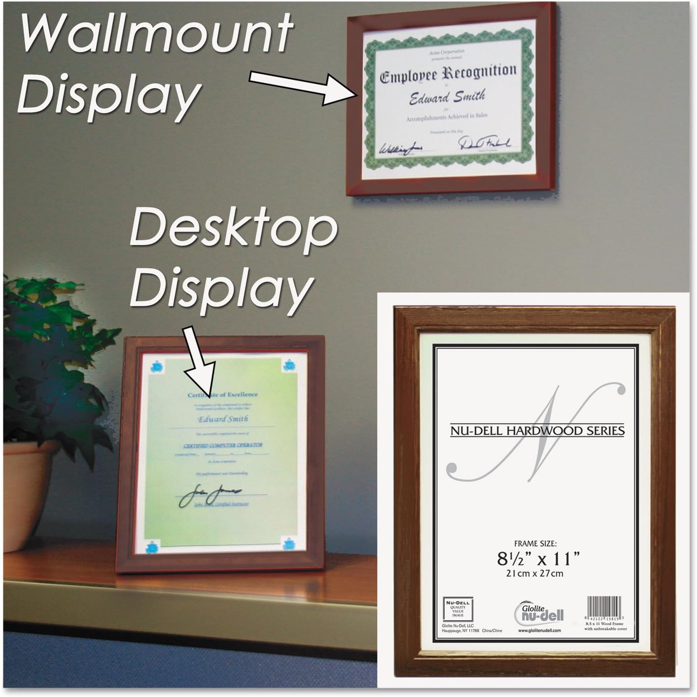 NuDell Certificate Frame | Walnut Brown | 8.5" x 11" Document Holder | Diploma & Picture Frames