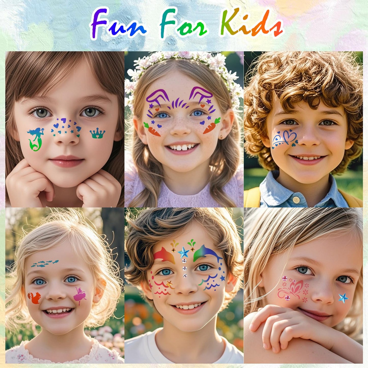 58PCS Face Paint Stencils Kit Includes 36 Reusable Facial Painting Stencils, 6 Sheets Tattoo Templates Stickers, 10 Brushes, 2 Pack Adhesive Gems, 4 Sponge for Halloween Festival Party Makeup