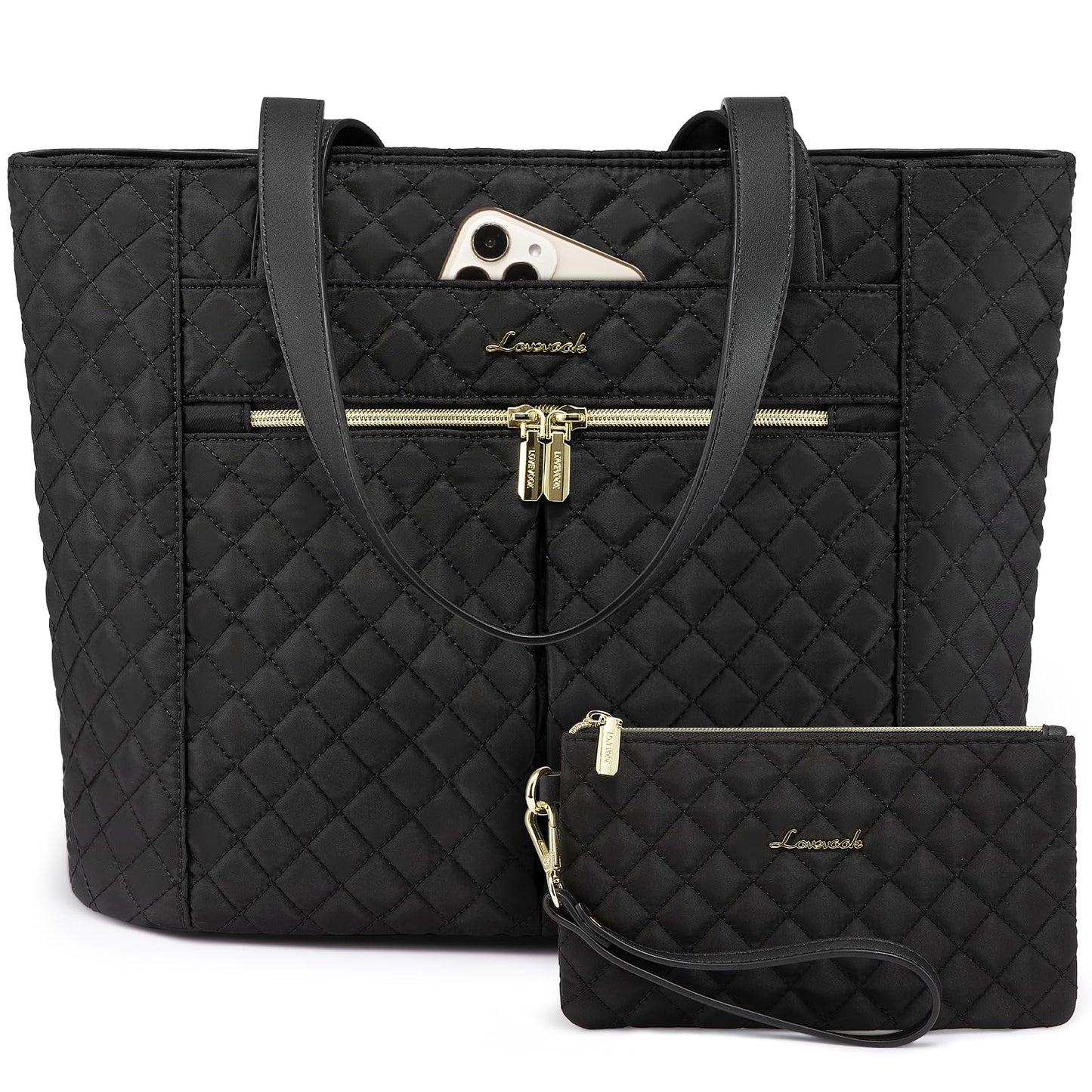 LOVEVOOK Laptop Bag for Women 15.6 inch,Diamond Quilted Work Tote Bags Womens Laptop Tote Computer Shoulder Bags,Stylish Travel Tote Bags Laptop Purse Case Briefcase Handbag with Clutch Bag,Black