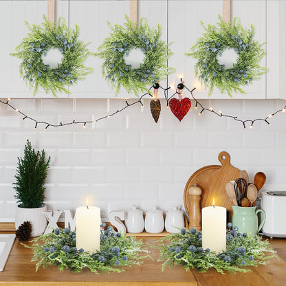 6 Pcs Mini Blueberry Wreaths Candle Rings Artificial Spring Summer Candle Wreaths for Pillars Rustic Wedding Farmhouse Wreath Table Centerpiece Decoration for Cabinet Kitchen Front Door Home Decor