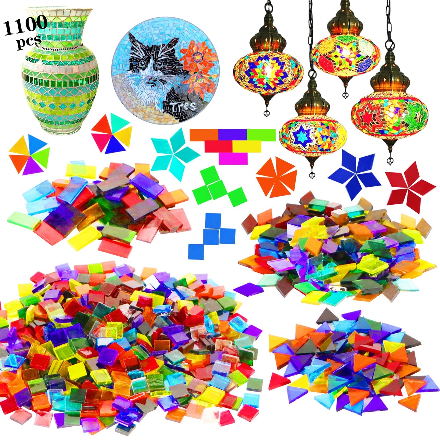 Csdtylh 1100 Pcs Mosaic Tiles, Glass Mosaic Tiles for Crafts Bulk, Stained Mosaic Glass Pieces, Mosaic Supplies for Home Decoration, Art Crafts, DIY Projects, Transparent (Mixed Shape)