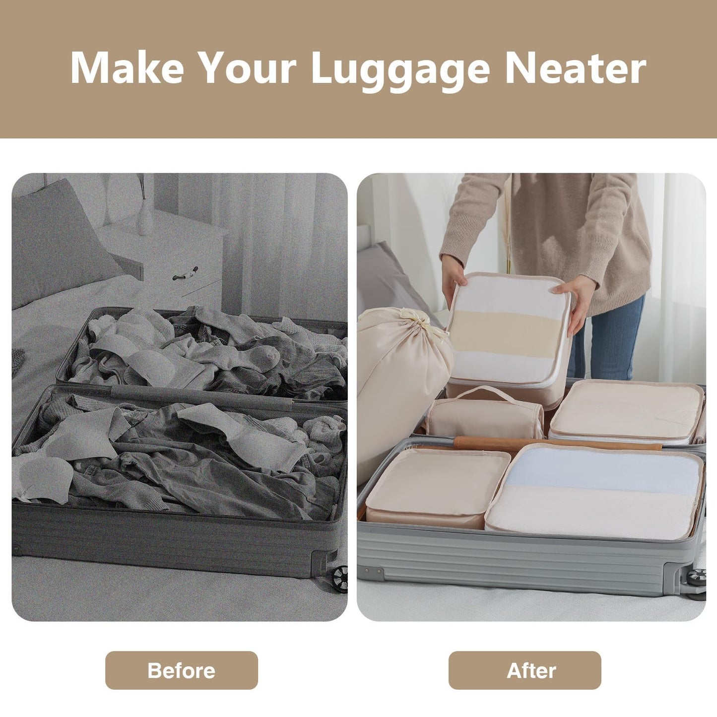 Easortm Packing Cubes for Travel - 9 Set Large Travel Cubes Luggage Organizer Bags Set With Laundry Bags/Shoe Bag/Toiletry Bag (Beige)