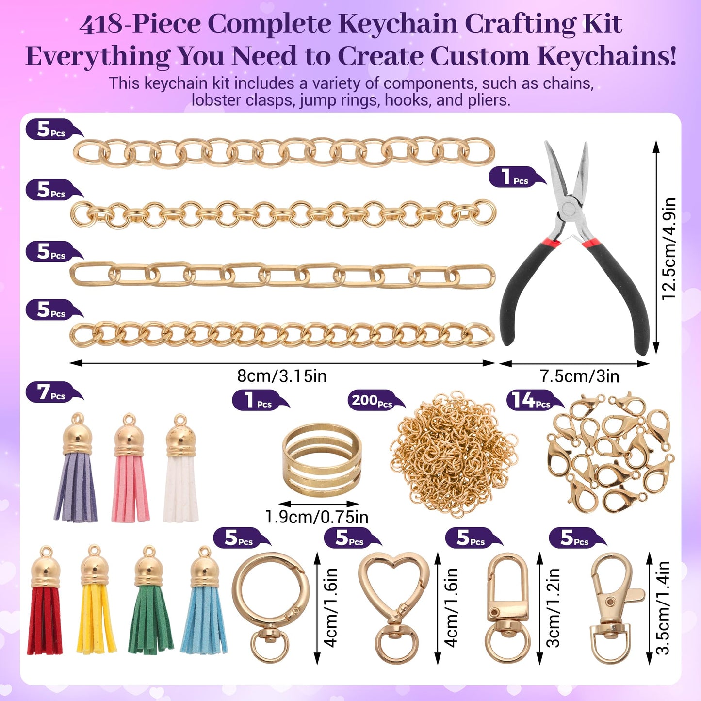 Koruhi 418pcs Charms Lip Gloss Keychain Making Kit,Cute Gold DIY Keychain Supplies Including Organizer Box,Pliers, Tassels, Enamel Letter Charms,Complete Key Chain Kits for DIY Craft Gifts(418, Gold)