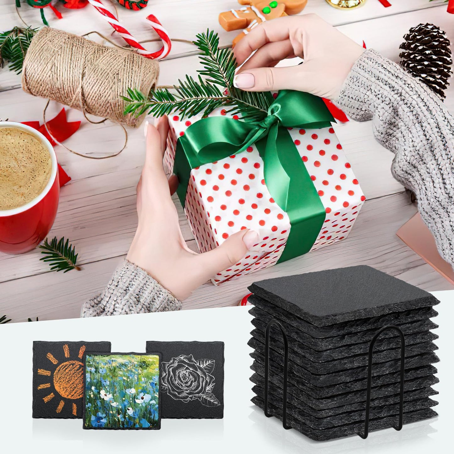 68 PCS Square Slate Drink Coasters Set, SIJDIEE 4 Inch Laser Engraving Black Slate Stone Coasters with Anti-Scratch Bottom and Coaster Holder for Office Bar Kitchen Home Dinner Table Decor Supplies