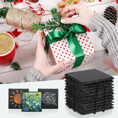 68 PCS Square Slate Drink Coasters Set, SIJDIEE 4 Inch Laser Engraving Black Slate Stone Coasters with Anti-Scratch Bottom and Coaster Holder for Office Bar Kitchen Home Dinner Table Decor Supplies