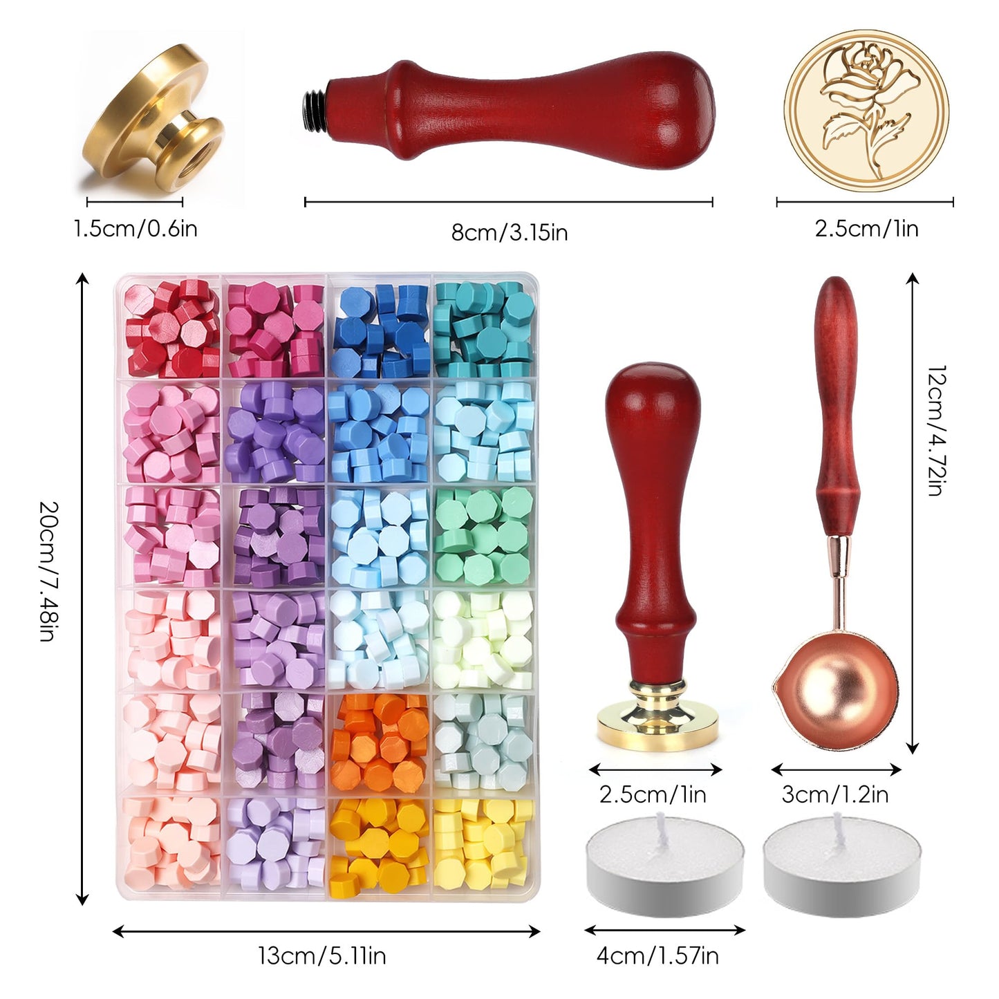 CLKINN Wax Seal Stamp Kit, 24 Colors 600 Pcs Sealing Wax Beads, Wax Seal Kit with Solid Brass Rose Wax Stamp, Spoon & 2 Tealight Candles for Wedding Invitations, Envelopes, DIY Crafts, Gift Wrapping
