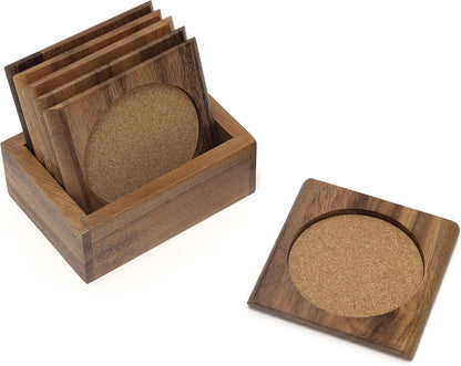 Lipper International Acacia Square with Cork Coasters and Caddy, 7-Piece Set