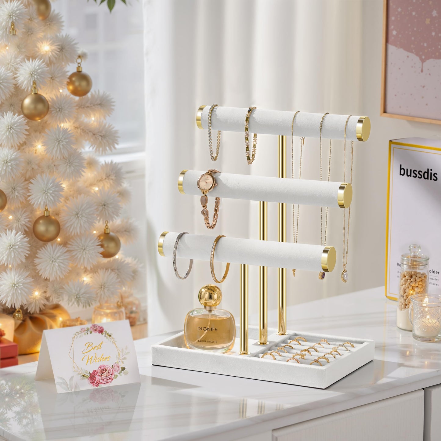3 Tier Bracelet Holder Display - Detachable T Bar White Velvet Bracelet Holder, Jewelry Holder Organizer for Bracelet, Necklace, Watches, Rings