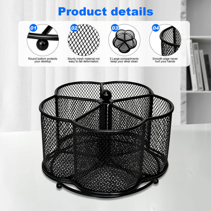 PNEUICALLY 360 Degree Rotate Pen Holder for Desk Mesh Desk Pen Organizer Pencil Holder Large Capacity Accessories & Workspace Organizers for School,Home (Black, No hook)