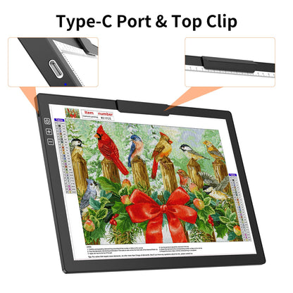 HIUKCOLED Rechargeable A4 Light Pad, Battery Powered Light Board with Top Clip＆Stand, Stepless Dimmable＆6-Level Brightness Adjustable, Wireless LED Tracing Box for Diamond Painting,Drawing,Sketching