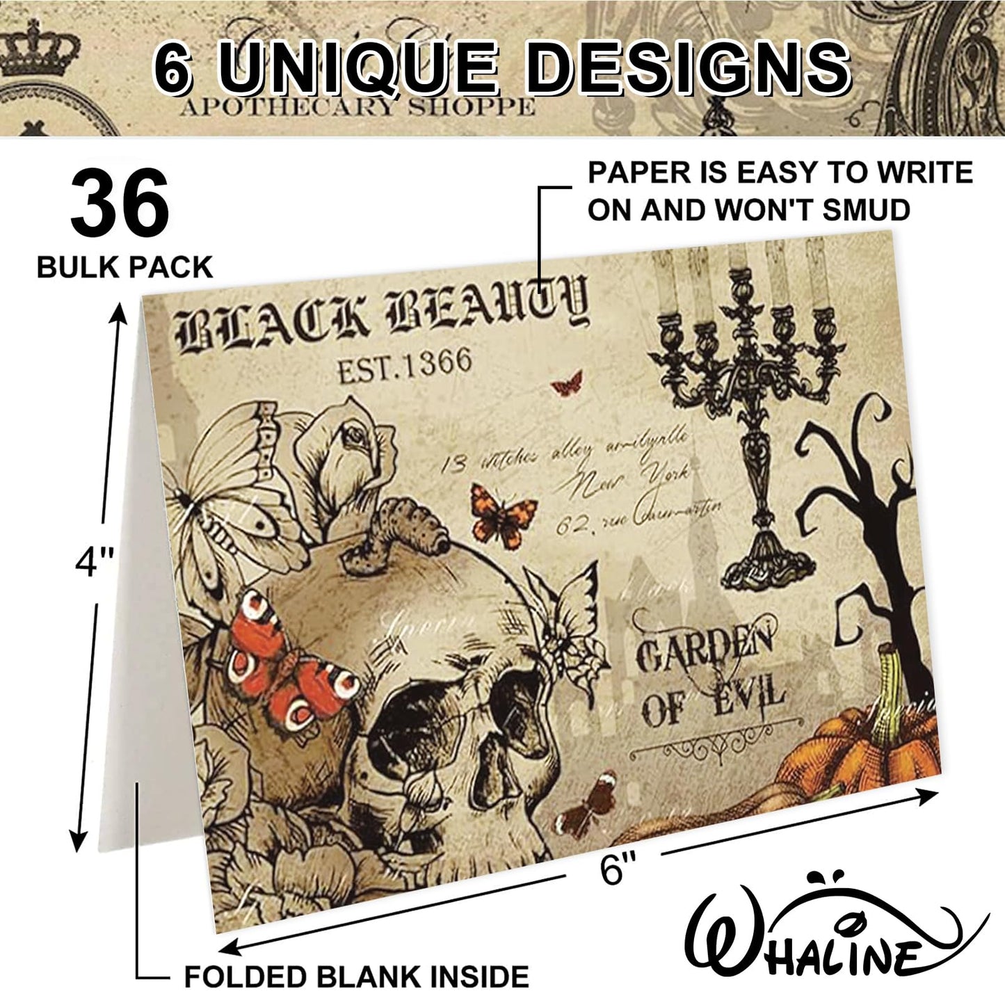 Whaline 36 Pack Halloween Greeting Cards Vintage Owl Crow Skull Blank Note Cards with Envelopes Stickers for Party Invitation Supplies, 4 x 6 Inch