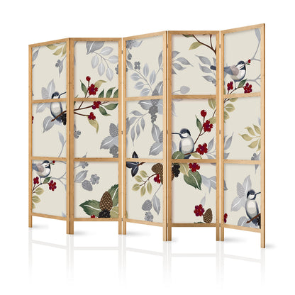 artgeist Japanese Room Divider XXL Birds Forest Nature Leaves Botanical 90 x 67 in - 5 Panel Folding Screen Japan Design Home Decoration Art Deco b-B-0593-z-c