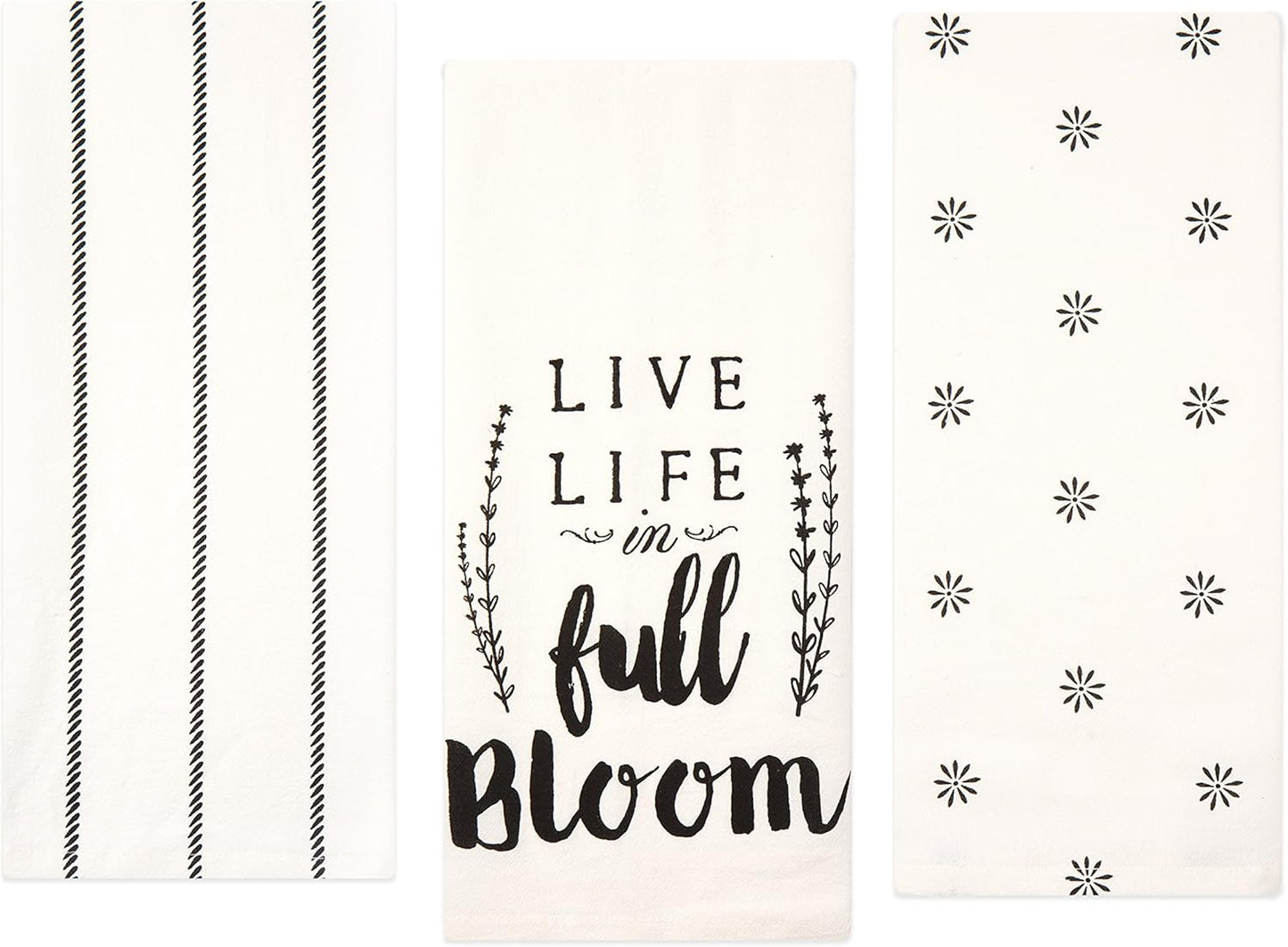 Sticky Toffee Cotton Flour Sack Kitchen Towels, 3-Pack – Stripe and Floral Print, 28x29 in, Soft & Absorbent