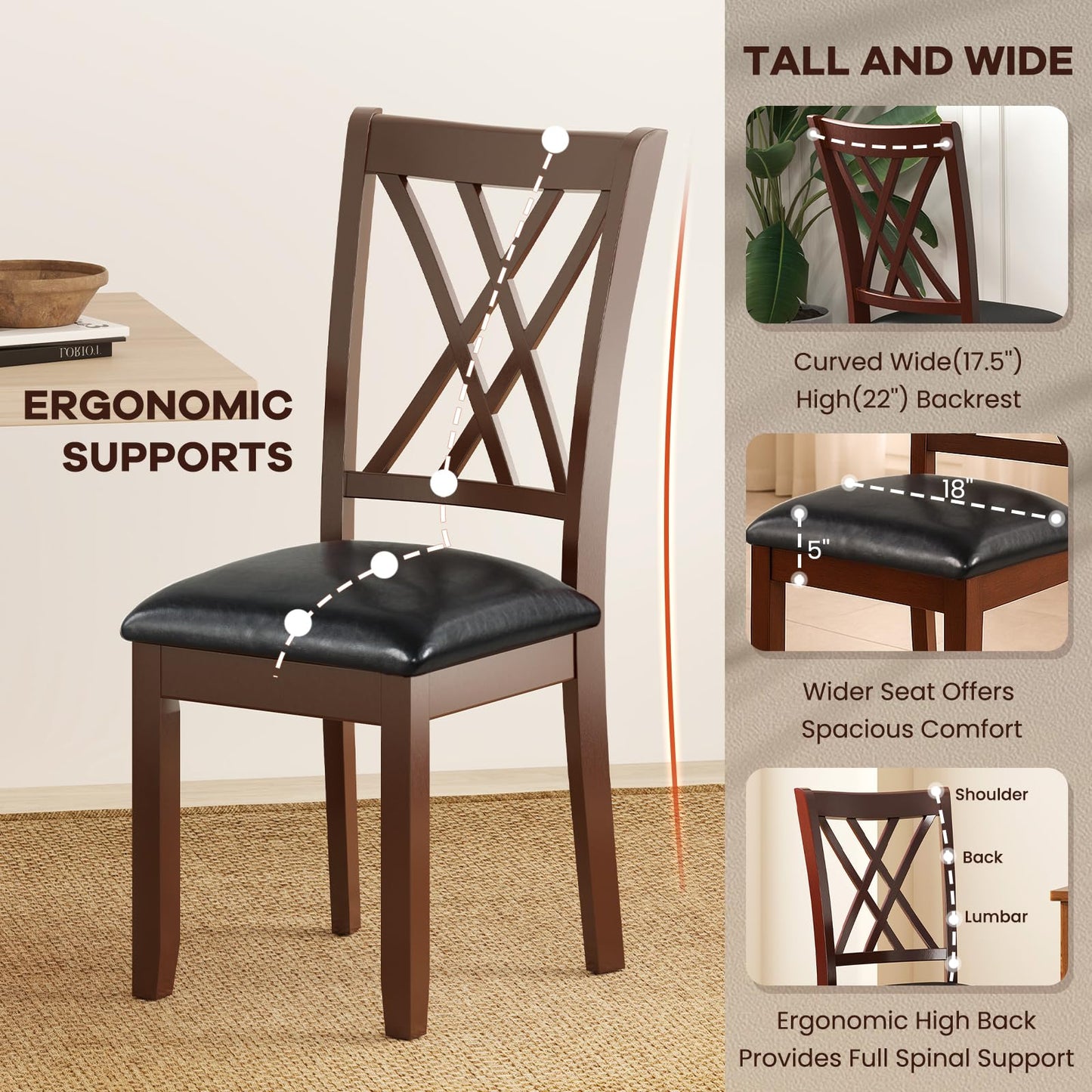 NAFORT Wooden Dining Chairs Set of 6, High Back Kitchen Chairs, Vintage Dining Room Chairs with Solid Rubber Wood Legs, Max Load 360 Lbs, Perfect for Kitchen, Dining Room, Cafe, Restaurant