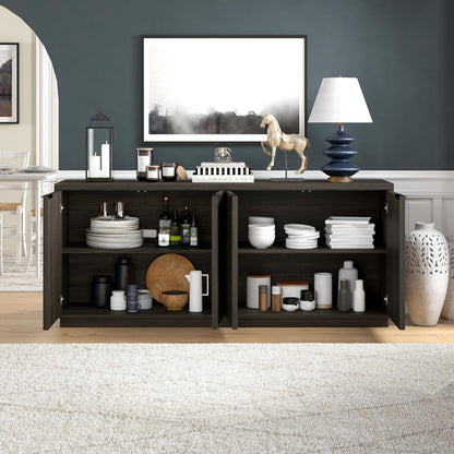 Henn&Hart 68" Fluted Sideboard Buffet Cabinet, Ribbed Wooden Credenza with 4 Doors, Adjustable Shelves, and Cable Management Cut-Outs for Dining Room, Kitchen, Living Room or Entryway, Rich Brown
