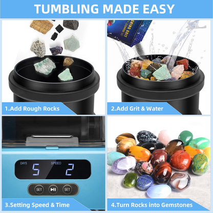 Rock Tumbler Kit Adults - Rock Polisher Tumbler with Noise Reduction Cover, Speed&Timer Control, Includes 4 Polishing Grits, Rough Gemstones, Learning Guide etc.（Blue）