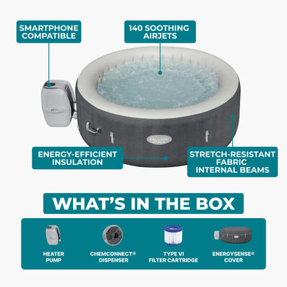 Bestway SaluSpa Hot Springs Inflatable Hot Tub, Fits Up to 4-6 Persons, Energy-Efficient Portable Spa with Smart WiFi App Control, Outdoor Blow Up Hottub for Backyard, 140 AirJets, 77" x 28" Round
