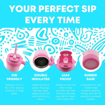 Boldstar Creations Kids Insulated Tumbler, 14 Oz, Double Wall, Integrated Handle, Straw, Flip Lid, Spill Proof (Blue) (Pink)