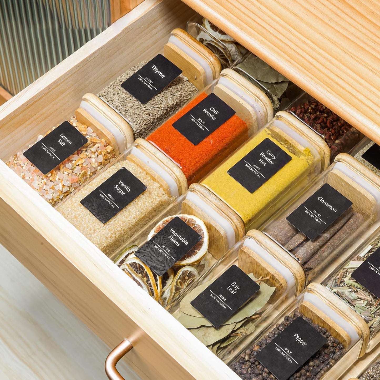 ComSaf 16Pcs Glass Spice Jars with Bamboo Lid, 4oz Airtight Square Spice Containers with 275 Black Lables, Empty Seasoning Jars for Spice Salt Sugar